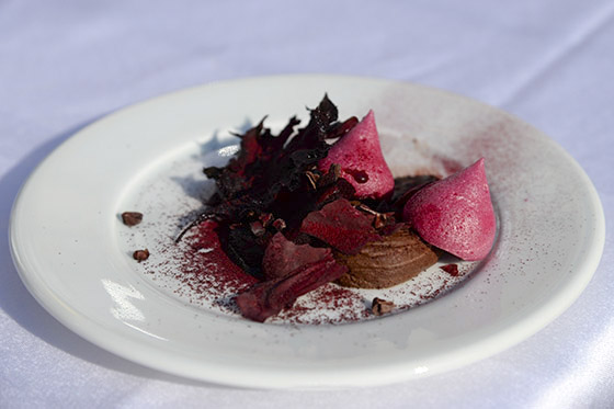 Chocolate mousse with beetroot, beetroot crisps and cocoa beans