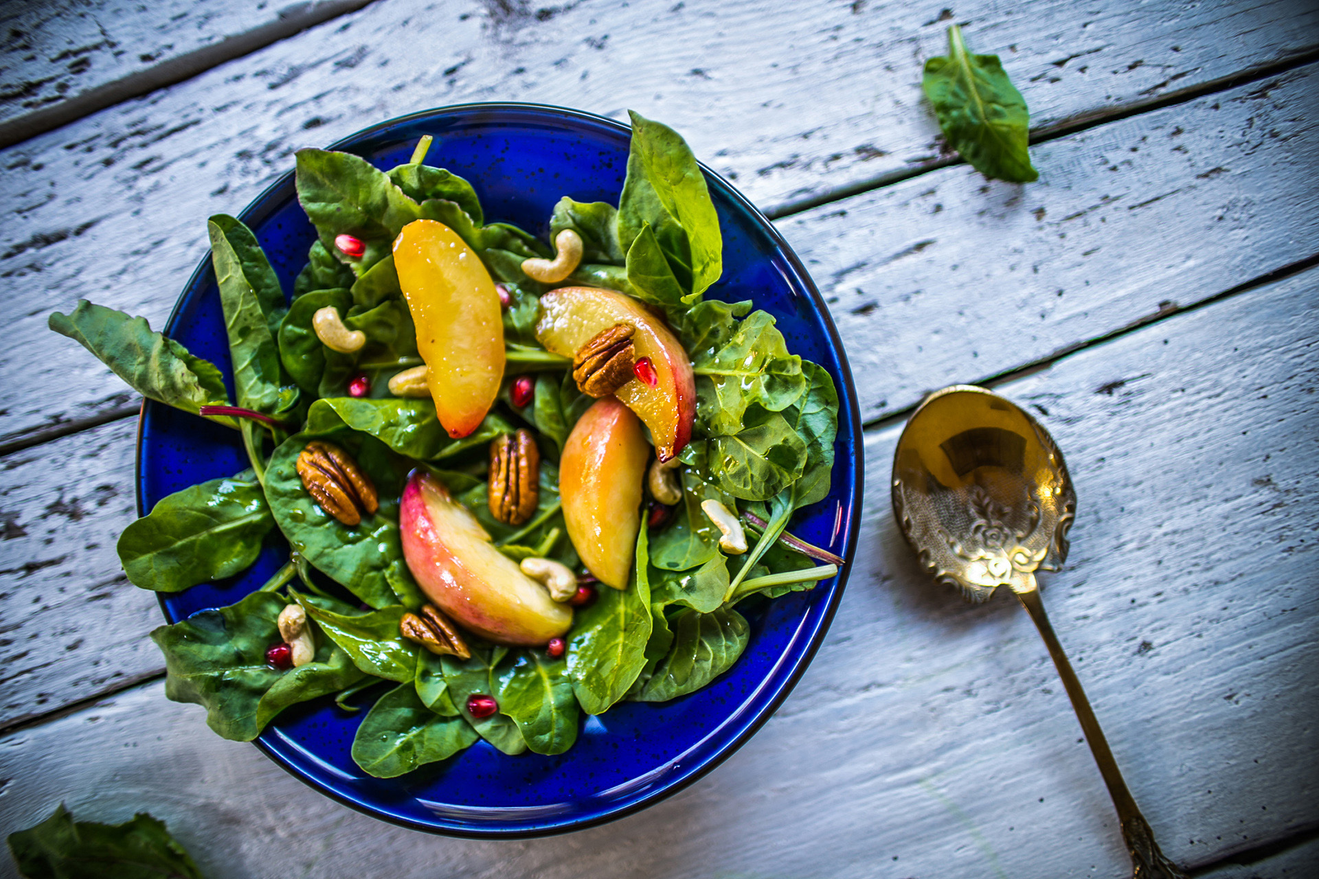 Baby Swiss chard with caramelised peaches